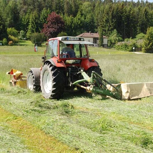 Roter Traktor mäht ein Feld