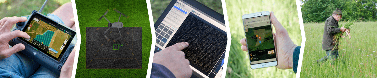 Grafik, die unser Verfahren veranschaulicht: Flugroute über ein Feld planen, Drohne automatisch fliegen lassen, Bilder in POIStudio auswerten, mit unserer Smartphone App gefundene POIs anlaufen und Rehkitz bergen