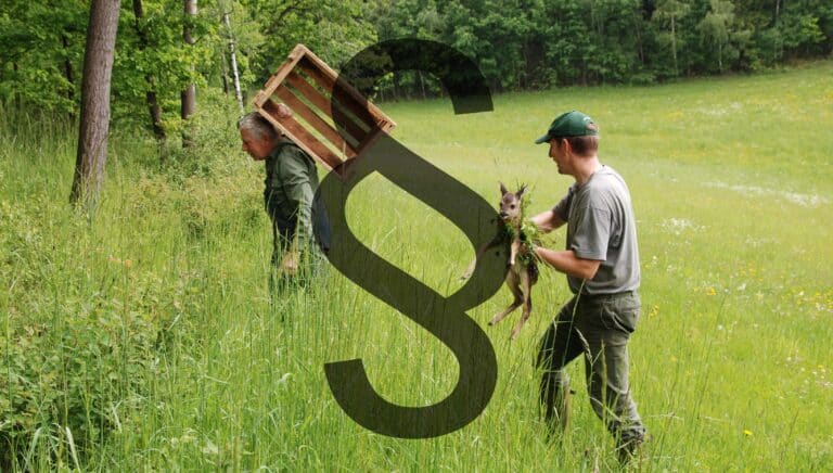 Zwei Männer, die ein Rehkitz aus einem Feld tragen mit transparentem Paragraphsymbol im Vordergrund des Bildes