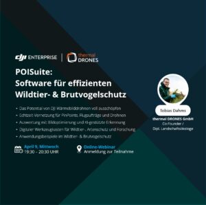 Bild von der Vorstellung eines Online-Webinars zum Thema POISuite: Software für effizienten Wildtier- & Brutvogelschutz. Der Text und die Logos sind in weiß gehalten, der Hintergrund ist blau/grün gehalten.